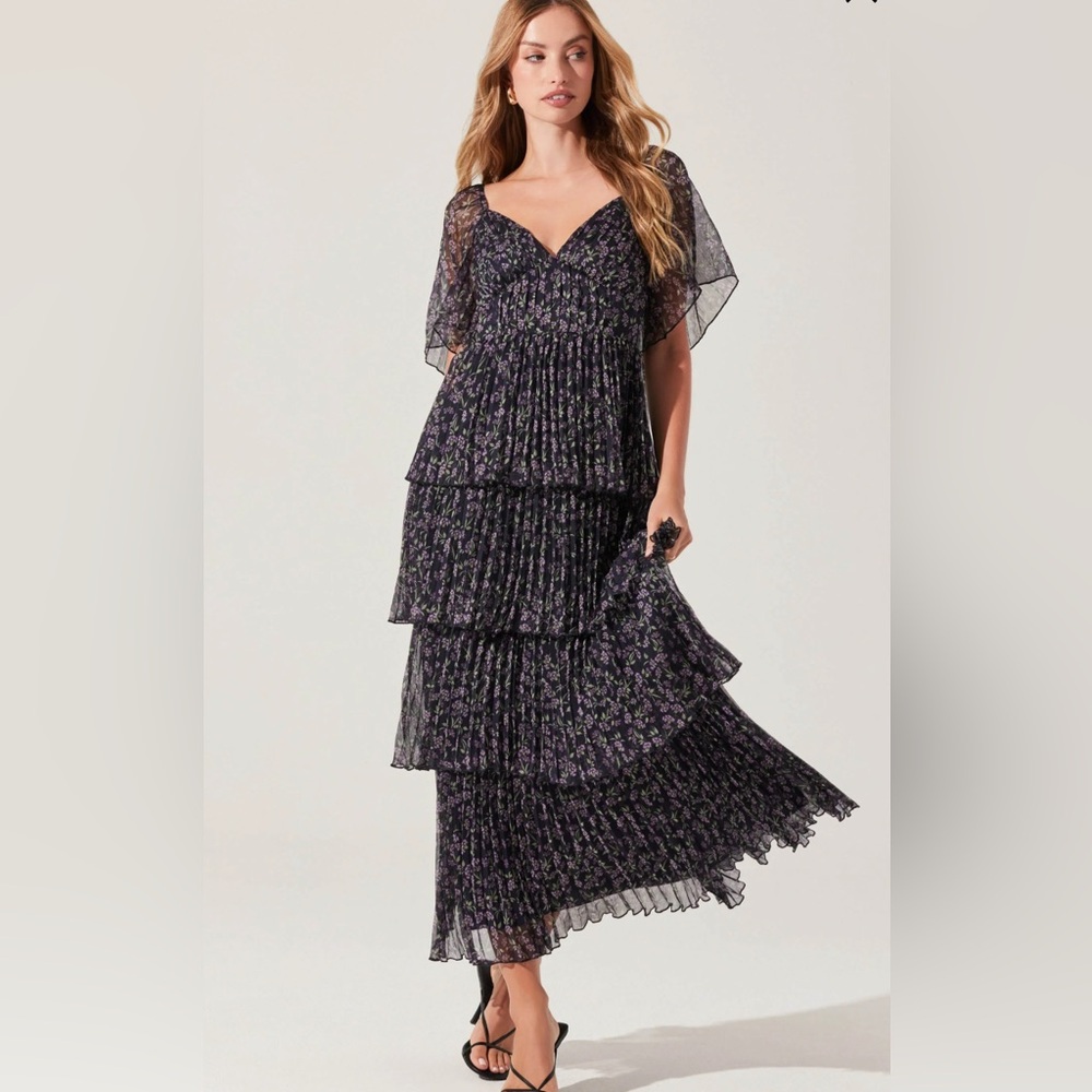Astr Black and Purple Tiered Ruffle Midi Dress